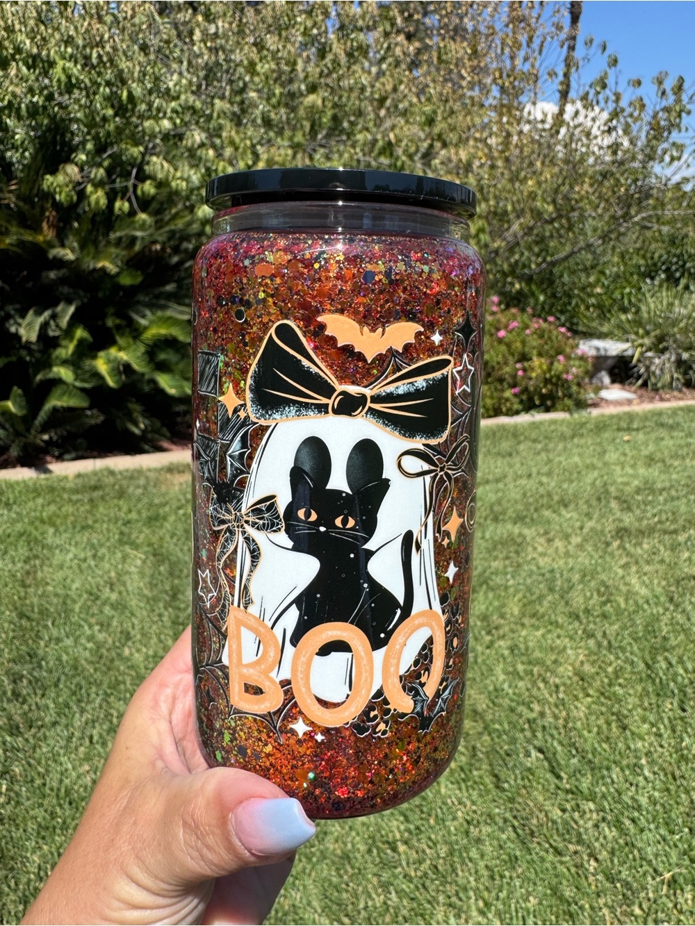 Cute ghost with black cat bows bats snow globe tumbler 16oz